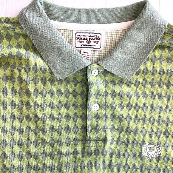 PHAT FARM Green and Grey Diamond Pattern Polo Style Shirt. - Picture 4 of 5